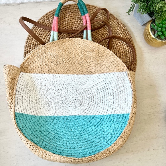 Time & Tru Circle Straw Handbag 15.5" - Beach Summer - Picture 2 of 10